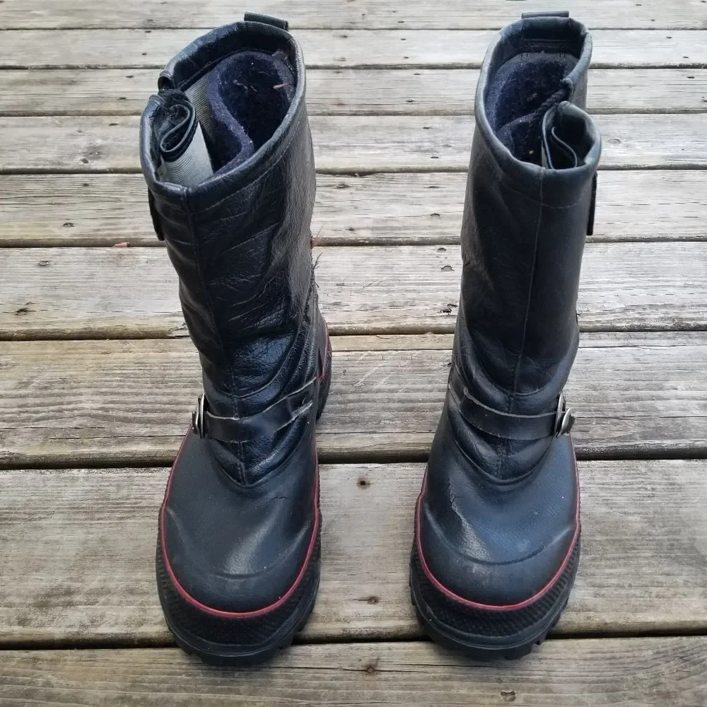 Vintage 80s Scorpion Snowmobile Boots Black Leather Red Stripe Grunge Distressed